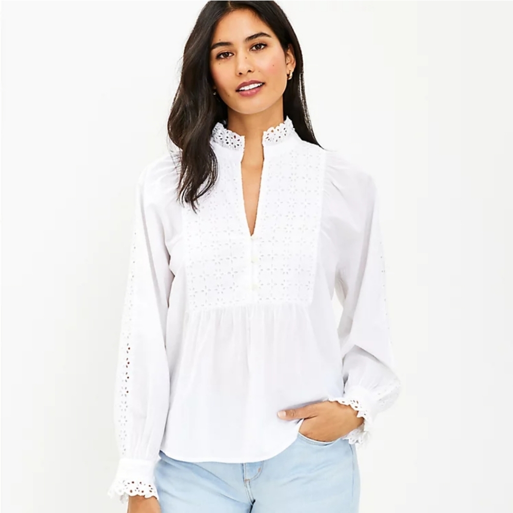 LOFT Eyelet Ruffle Bib Blouse XXS NWT